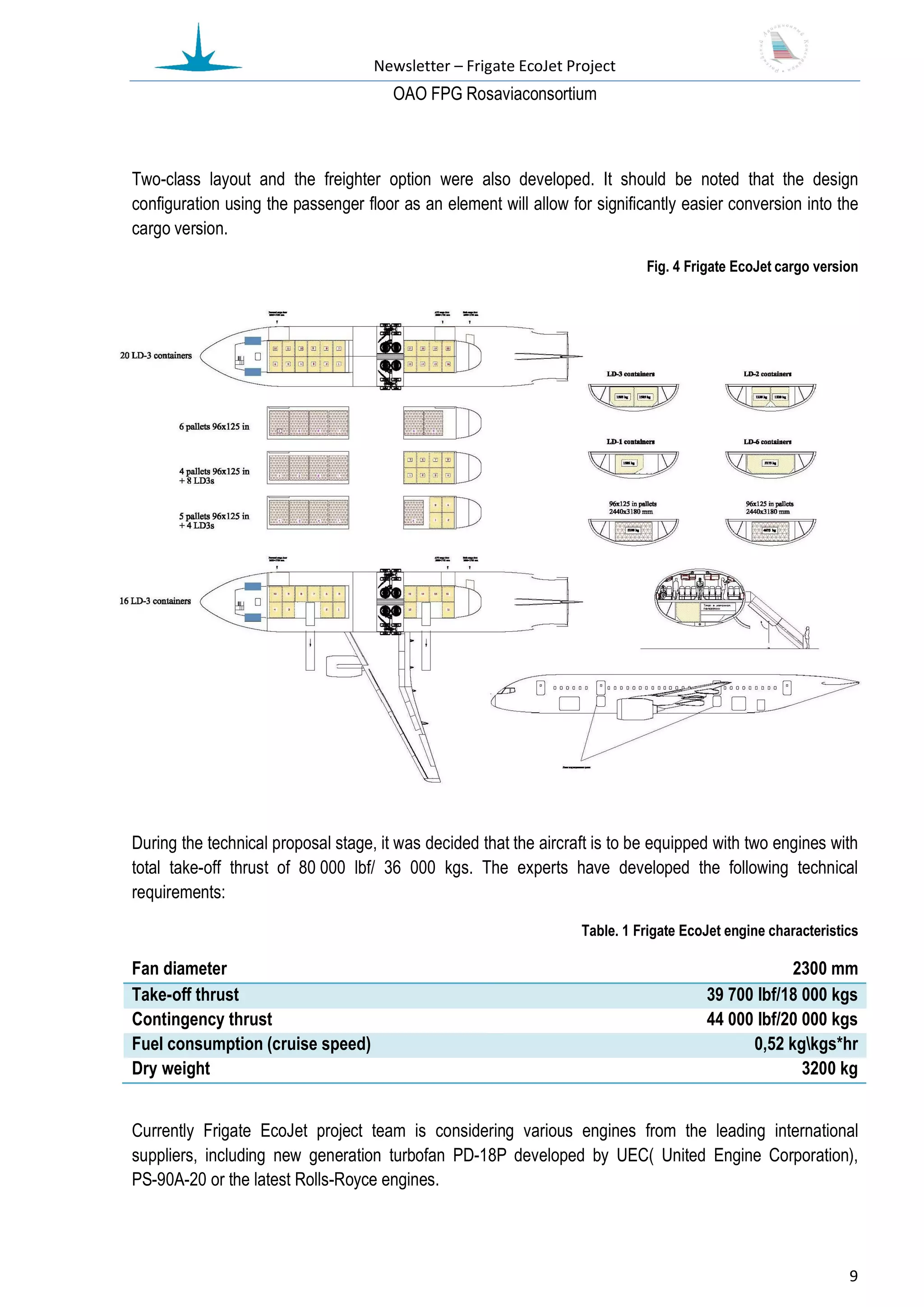 Newsletter – Frigate EcoJet Project
                                       ОАО FPG Rosaviaconsortium



Two-class layout and the freighter option were also developed. It should be noted that the design
configuration using the passenger floor as an element will allow for significantly easier conversion into the
cargo version.
                                                                             Fig. 4 Frigate EcoJet cargo version




During the technical proposal stage, it was decided that the aircraft is to be equipped with two engines with
total take-off thrust of 80 000 lbf/ 36 000 kgs. The experts have developed the following technical
requirements:

                                                                   Table. 1 Frigate EcoJet engine characteristics

Fan diameter                                                                                       2300 mm
Take-off thrust                                                                        39 700 lbf/18 000 kgs
Contingency thrust                                                                     44 000 lbf/20 000 kgs
Fuel consumption (cruise speed)                                                              0,52 kgkgs*hr
Dry weight                                                                                           3200 kg


Currently Frigate EcoJet project team is considering various engines from the leading international
suppliers, including new generation turbofan PD-18P developed by UEC( United Engine Corporation),
PS-90A-20 or the latest Rolls-Royce engines.




                                                                                                               9
 