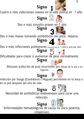 Signo
Cuatro o más infecciones nuevas en el oído (otitis) en 1 año.
Signo
Dos o más sinusitis graves en 1 año
Signo
Dos o más meses tomando antibióticos con poca mejoría.
Signo
Dos o más infecciones pulmonares (neumonías) en 1 año o una por año
Signo
Dificultades para crecer o aumentar de peso normalmente
Abscesos (colección de pus) recurrentes por debajo de la piel o en
órganos.
Signo
Signo
Infección por hongo (Candidiasis / Muguet) persistente en la boca o
en la piel después del año de vida
Signo
Necesidad de antibióticos endovenosos para curar una
infección.
Signo
Enfermedades hematológicas de causa no clara (anemia,
citopenias).
5
 