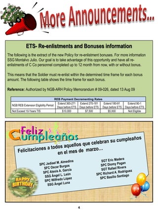 ETS- Re-enlistments and Bonuses information
The following is the extract of the new Policy for re-enlistment bonuses. For more information
SSG Montalvo Julio. Our goal is to take advantage of this opportunity and have all re-
enlistments of C Co personnel completed up to 12 month from now, with or without bonus.

This means that the Soldier must re-enlist within the determined time frame for each bonus
amount. The following table shows the time frame for each bonus.

Reference: Authorized by NGB-ARH Policy Memorandum # 09-026, dated 13 Aug 09

                                          REB Payment Decrementing Rates
                                           Extend 365-271    Extend 270-181     Extend 180-91      Extend 90-1
   NGB REB Extension Eligibility Period
                                           Days before ETS   Days before ETS   Days before ETS   Days before ETS
   Not Exceed 10-Years TIS                    $10,000            $7,500            $5,000          Not Eligible




                                                             4
 