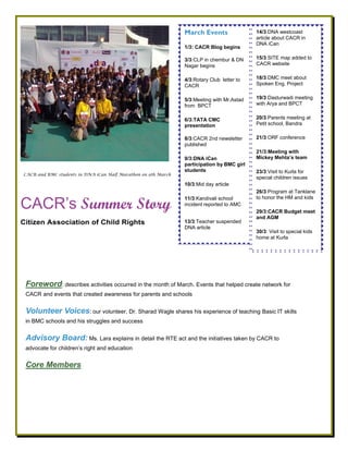 CACR’s Summer Story
Citizen Association of Child Rights
Foreword: describes activities occurred in the month of March. Events that helped create network for
CACR and events that created awareness for parents and schools
Volunteer Voices: our volunteer, Dr. Sharad Wagle shares his experience of teaching Basic IT skills
in BMC schools and his struggles and success
Advisory Board: Ms. Lara explains in detail the RTE act and the initiatives taken by CACR to
advocate for children’s right and education
Core Members
March Events
1/3: CACR Blog begins
3/3:CLP in chembur & DN
Nagar begins
4/3:Rotary Club letter to
CACR
5/3:Meeting with Mr.Astad
from BPCT
6/3:TATA CMC
presentation
8/3:CACR 2nd newsletter
published
9/3:DNA iCan
participation by BMC girl
students
10/3:Mid day article
11/3:Kandivali school
incident reported to AMC
13/3:Teacher suspended
DNA article
14/3:DNA westcoast
article about CACR in
DNA iCan
15/3:SITE map added to
CACR website
18/3:DMC meet about
Spoken Eng. Project
19/3:Dasturwadi meeting
with Arya and BPCT
20/3:Parents meeting at
Petit school, Bandra
21/3:ORF conference
21/3:Meeting with
Mickey Mehta’s team
23/3:Visit to Kurla for
special children issues
26/3:Program at Tanklane
to honor the HM and kids
29/3:CACR Budget meet
and AGM
30/3: Visit to special kids
home at Kurla
CR and CACR and BMC students in DNA iCan Half Marathon on 9th March
4
 