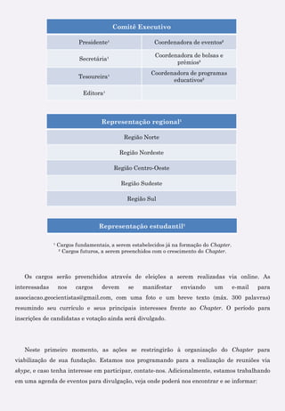 Os cargos serão preenchidos através de eleições a serem realizadas via online. As
interessadas nos cargos devem se manifestar enviando um e-mail para
associacao.geocientistas@gmail.com, com uma foto e um breve texto (máx. 300 palavras)
resumindo seu currículo e seus principais interesses frente ao Chapter. O período para
inscrições de candidatas e votação ainda será divulgado.
Neste primeiro momento, as ações se restringirão à organização do Chapter para
viabilização de sua fundação. Estamos nos programando para a realização de reuniões via
skype, e caso tenha interesse em participar, contate-nos. Adicionalmente, estamos trabalhando
em uma agenda de eventos para divulgação, veja onde poderá nos encontrar e se informar:
Representação regional¹
Região Norte
Região Nordeste
Região Centro-Oeste
Região Sudeste
Região Sul
Representação estudantil¹
Comitê Executivo
Presidente¹ Coordenadora de eventos²
Secretária¹
Coordenadora de bolsas e
prêmios²
Tesoureira¹
Coordenadora de programas
educativos²
Editora¹
¹ Cargos fundamentais, a serem estabelecidos já na formação do Chapter.
² Cargos futuros, a serem preenchidos com o crescimento do Chapter.
 