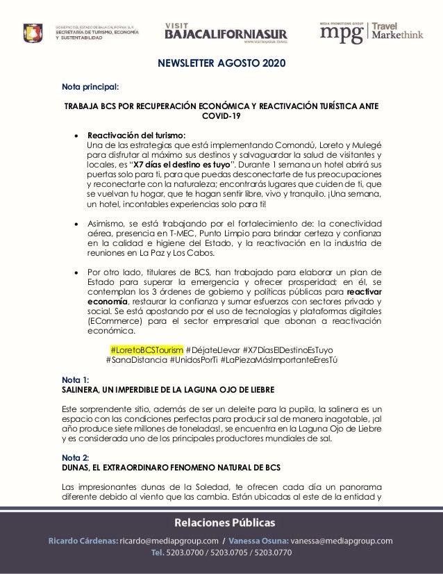 NEWSLETTER AGOSTO 2020
Nota principal:
TRABAJA BCS POR RECUPERACIÓN ECONÓMICA Y REACTIVACIÓN TURÍSTICA ANTE
COVID-19
 Rea...