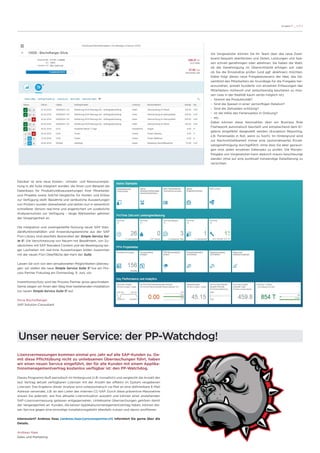 Ausgabe 11 __ S /// 3
Unser neuer Service: der PP-Watchdog!
Seite 2 / 3
Als Line Manager können Sie Ihr Team über das neue Dashboard bequem überblicken und Zeiten und Spesen
schnell genehmigen oder ablehnen. Sie haben die Wahl, ob die Genehmigung im Übersichtsbild erfolgen soll oder
ob Sie die Einzelsätze prüfen (und ggf. ablehnen) möchten. Im Hintergrund wird zur Nachvollziehbarkeit immer eine
Einzelsatzgenehmigung durchgeführt, ohne dass Sie aber gezwungen sind, jeden einzelnen Datensatz zu prüfen. Die
Monatsfreigabe von Line Managern kann dadurch massiv beschleunigt werden ohne auf eine punktuell
notwendige Detaillierung zu verzichten.
Darüber ist eine neue Kosten-, Umsatz- und Ressourcenplanung in die Suite integriert worden, die Ihnen zum Beispiel
die Datenbasis für Produktivitätsauswertungen Ihrer Mitarbeiter und Projekte, Soll/Ist-Vergleiche für Kosten und Erlöse
zur Verfügung stellt. Bewährte und verlässliche Auswertungen von ProServ wurden überarbeitet und stehen nun in
wesentlich schnellerer Version real-time und angereichert um zusätzliche Analyseroutinen zur Verfügung – lange
Wartezeiten gehören der Vergangenheit an.
Die Integration und voreingestellte Nutzung neuer SAP Standardfunktionalitäten, Fiori Kacheln und
Anwendungsbereiche aus der SAP Fiori Library sind ebenfalls Bestandteil der Simple Service Suite S3. Die
Verschmelzung von Neuem mit Bewährtem, von Zusätzlichem mit SAP Standard Content und der Ersatz langer
Laufzeiten mit real-time Auswertungen bilden zusammen mit der neuen Fiori Oberfläche den Kern der Suite.
Lassen Sie sich von den sensationellen Möglichkeiten überzeugen: wir stellen die neue Simple Service Suite S3 live am
Process Partner Fokustag am Donnerstag, 9. Juni vor.
Investitionsschutz wird bei Process Partner gross geschrieben. Gerne zeigen wir Ihnen den Weg Ihrer bestehenden
Installation zur neuen Simple Service Suite S3 auf.
Silvia Bischofberger
Lizenzvermessungen kommen einmal pro Jahr auf alle SAP-Kunden zu. Da-
mit diese Pflichtübung nicht zu unliebsamen Überraschungen führt, haben
wir einen neuen Service eingeführt, der für alle Kunden mit einem Applika-
tionsmanagementvertrag kostenlos verfügbar ist: den PP-Watchdog.
Dieses Programm läuft periodisch im Hintergrund (z.B. monatlich) und vergleicht die Anzahl der
laut Vertrag aktuell verfügbaren Lizenzen mit der Anzahl der effektiv im System vergebenen
Lizenzen. Das Ergebnis dieser Analyse wird vollautomatisch via Mail an eine definierbare E-Mail
Adresse versendet, z.B. an den Leiter des internen CC-SAP. Durch diese präventive Massnahme
wissen Sie jederzeit, wie Ihre aktuelle Lizenzsituation aussieht und können einer anstehenden
SAP-Lizenzvermessung gelassen entgegensehen. Unliebsame Überraschungen gehören damit
der Vergangenheit an. Kunden, die keinen Applikationsmanagementvertrag haben, können die-
sen Service gegen eine einmalige Installationsgebühr ebenfalls nutzen und davon profitieren.
Interessiert? Andreas Haas (andreas.haas@processpartner.ch) informiert Sie gerne über die
Details.
Andreas Haas
Sales und Marketing
Darüber ist eine neue Kosten-, Umsatz- und Ressourcenpla-
nung in die Suite integriert worden, die Ihnen zum Beispiel die
Datenbasis für Produktivitätsauswertungen Ihrer Mitarbeiter
und Projekte sowie Soll/Ist-Vergleiche für Kosten und Erlöse
zur Verfügung stellt. Bewährte und verlässliche Auswertungen
von ProServ wurden überarbeitet und stehen nun in wesentlich
schnellerer Version real-time und angereichert um zusätzliche
Analyseroutinen zur Verfügung – lange Wartezeiten gehören
der Vergangenheit an.
Die Integration und voreingestellte Nutzung neuer SAP Stan-
dardfunktionalitäten und Anwendungsbereiche aus der SAP
Fiori Library sind ebenfalls Bestandteil der Simple Service Sui-
te S3
. Die Verschmelzung von Neuem mit Bewährtem, von Zu-
sätzlichem mit SAP Standard Content und die Beseitigung lan-
ger Laufzeiten mit real-time Auswertungen bilden zusammen
mit der neuen Fiori Oberfläche den Kern der Suite.
Lassen Sie sich von den sensationellen Möglichkeiten überzeu-
gen: wir stellen die neue Simple Service Suite S3
live am Pro-
cess Partner Fokustag am Donnerstag, 9. Juni, vor.
Investitionsschutz wird bei Process Partner gross geschrieben.
Gerne zeigen wir Ihnen den Weg Ihrer bestehenden Installation
zur neuen Simple Service Suite S3
auf.
Silvia Bischofberger
SAP Solution Consultant
Als Vorgesetzter können Sie Ihr Team über das neue Dash-
board bequem überblicken und Zeiten, Leistungen und Spe-
sen schnell genehmigen oder ablehnen. Sie haben die Wahl,
ob die Genehmigung im Übersichtsbild erfolgen soll oder
ob Sie die Einzelsätze prüfen (und ggf. ablehnen) möchten.
Dabei folgt dieses neue Freigabeszenario der Idee, das Ge-
samtbild des Mitarbeiters als Grundlage für die Freigabe her-
anzuziehen, anstatt hunderte von einzelnen Erfassungen des
Mitarbeiters mühevoll und zeitaufwendig beurteilen zu müs-
sen (was in der Realität kaum seriös möglich ist):
-	 Stimmt die Produktivität?
-	 Sind die Spesen in einer vernünftigen Relation?
-	 Sind die Zeitsalden schlüssig?
-	 Ist die Höhe des Feriensaldos in Ordnung?
-	 etc.
Dabei können diese Kennzahlen über ein Business Rule
Framework automatisch beurteilt und entsprechend dem Er-
gebnis eingefärbt dargestellt werden (Exception Reporting,
z.B. Feriensaldo in Rot, wenn zu hoch). Im Hintergrund wird
zur Nachvollziehbarkeit immer eine (automatisierte) Einzel-
satzgenehmigung durchgeführt, ohne dass Sie aber gezwun-
gen sind, jeden einzelnen Datensatz zu prüfen. Die Monats-
freigabe von Vorgesetzten kann dadurch massiv beschleunigt
werden ohne auf eine punktuell notwendige Detaillierung zu
verzichten.
 