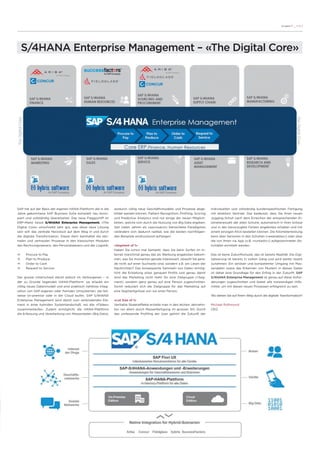 Ausgabe 11 __ S /// 5
S/4HANA Enterprise Management – «The Digital Core»
SAP hat auf der Basis der eigenen HANA-Plattform die in die
Jahre gekommene SAP Business Suite komplett neu konzi-
piert und vollständig überarbeitet. Das neue Flaggschiff im
ERP-Markt heisst S/4HANA Enterprise Management. «The
Digital Core» umschreibt sehr gut, was diese neue Lösung
sein will: das zentrale Herzstück auf dem Weg in und durch
die digitale Transformation. Dieser Kern beinhaltet die zen-
tralen und vertrauten Prozesse in den klassischen Modulen
des Rechnungswesens, des Personalwesens und der Logistik:
	 Procure to Pay
	 Plan to Produce
	 Order to Cash
	 Request to Service
Der grosse Unterschied steckt jedoch im Verborgenen – in
der zu Grunde liegenden HANA-Plattform: sie erlaubt ein
völlig neues Datenmodell und eine praktisch nahtlose Integ-
ration von SAP-eigenen oder fremden Umsystemen, die teil-
weise on-premise oder in der Cloud laufen. SAP S/4HANA
Enterprise Management wird damit zum verbindenden Ele-
ment in einer hybriden Systemlandschaft, wo alle «Fäden»
zusammenlaufen. Zudem ermöglicht die HANA-Plattform
die Erfassung und Verarbeitung von Massendaten (Big Data),
wodurch völlig neue Geschäftsmodelle und Prozesse abge-
bildet werden können. Pattern Recognition, Profiling, Scoring
und Predictive Analytics sind nur einige der neuen Möglich-
keiten, welche sich durch die Nutzung von Big Data ergeben.
Seit vielen Jahren als «sacrosanct» betrachtete Paradigmen
verändern sich dadurch radikal, wie die beiden nachfolgen-
den Beispiele eindrucksvoll aufzeigen:
«Segment of 1»
Haben Sie schon mal bemerkt, dass Sie beim Surfen im In-
ternet manchmal genau das als Werbung angeboten bekom-
men, was Sie momentan gerade interessiert, obwohl Sie gera-
de nicht auf einer Suchseite sind, sondern z.B. am Lesen der
Nachrichten? Das konsequente Sammeln von Daten ermög-
licht die Erstellung eines genauen Profils und genau damit
wird das Marketing nicht mehr für eine Zielgruppe (=Seg-
ment), sondern ganz genau auf eine Person zugeschnitten.
Somit reduziert sich die Zielgruppe für das Marketing auf
eine Segmentgrösse von nur einer Person.
«Lot Size of 1»
Veritable Skaleneffekte erzielte man in den letzten Jahrzehn-
ten vor allem durch Massenfertigung im grossen Stil. Durch
das umfassende Profiling der User gehört die Zukunft der
individuellen und vollständig kundenspezifischen Fertigung
mit direktem Vertrieb. Das bedeutet, dass Sie Ihren neuen
Jogging-Schuh nach dem Erreichen der entsprechenden Ki-
lometeranzahl der alten Schuhe, automatisch in Ihrer Grösse
und in den bevorzugten Farben angeboten erhalten und mit
einem einzigen Klick bestellen können. Die Kilometerleistung
kann über Sensoren in den Schuhen («wearables») oder über
die von Ihnen via App (z.B. «runtastic») aufgezeichneten Ak-
tivitäten ermittelt werden.
Das ist keine Zukunftsmusik, das ist bereits Realität. Die Digi-
talisierung ist bereits in vollem Gang und wird weiter rasant
zunehmen. Ein seriöser und kompetenter Umgang mit Mas-
sendaten sowie das Erkennen von Mustern in diesen Daten
ist daher eine Grundlage für den Erfolg in der Zukunft. SAP
S/4HANA Enterprise Management ist genau auf diese Anfor-
derungen zugeschnitten und bietet alle notwendigen Hilfs-
mittel, um mit diesen neuen Prozessen erfolgreich zu sein.
Wo stehen Sie auf Ihrem Weg durch die digitale Transformation?
Michael Rothmund
CEO
 