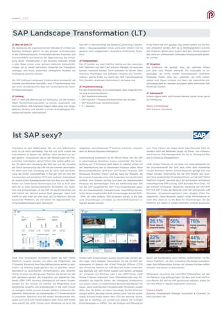 Ausgabe 9 __ S /// 2
/// Was ist SAP LT?
Die Abbildung des organisatorischen Wandels im Umfeld von
Business Software gehört zu den grossen Anforderungen
in der Softwareindustrie. Firmenübernahmen, Fusionen und
Firmenverkäufe sind heute an der Tagesordnung. Die Umset-
zung dieser Transaktionen in der Business Software erfolgt
in aller Regel immer unter grossen zeitlichen Herausforde-
rungen, da zu einem definierten Zeitpunkt die Transaktion
vollzogen sein muss, andernfalls vertragliche Penaltys zur
Anwendung kommen können.
Die SAP Software Landscape Transformation ermöglicht die
schnelle und effiziente Geschäfts- und IT-Transformation mit-
tels einem standardisierten Satz von vorkonfigurierten Trans-
formationslösungen.
/// Umfang
SAP LT stellt alle Werkzeuge zur Verfügung, um die notwen-
digen Transformationsprojekte zu planen, analysieren und
durchzuführen. Alle Szenarien folgen dabei einer klar vorge-
gebenen Struktur und werden in einem durchgängigen Pro-
zessjournal sauber dokumentiert.
SAP Landscape Transformation (LT)
Ist SAP sexy?
Das SAP LT berücksichtigt die Objekte Customizing / Stamm-
daten / Bewegungsdaten (ohne archivierte Daten) und ist
generell nicht zeitgebunden (Ausnahme ProfitCenter Migra-
tion).
/// Komponenten
Das LT besteht aus zwei AddOns, welche auf den relevanten
SAP Systemen und dem SAP Solution Manager, als zentrales
System, installiert werden. Darin enthalten ist Wissen (Best
Practices, Roadmaps) und Software (Analyse und Transfor-
mation), welche früher nur durch den SAP Consultingdienst
SLO (System Landscape Optimization) verfügbar war.
/// Projektabwicklung
Für den Projekterfolg ist es unabdingbar, dass folgende Part-
ner eng zusammenarbeiten:
•	 SAP Applikationsberater
•	 SAP KeyUser / Prozessverantwortlicher des Kunden
•	 SAP Basisbetreuer, Systembetreiber
•	 IT – Revision
Innovation ist kein Selbstzweck. Wo sie zum Selbstzweck
wird, ist sie nicht nachhaltig. Das hat uns nicht zuletzt die
Internetblase zu Beginn der 2000er Jahre deutlich vor Au-
gen geführt. Innovationen, die an den Bedürfnissen der Kon-
sumenten vorbeigehen, gehen früher oder später selbst vor-
bei. 30 Jahre nach Gründung der SAP war sich der Grossteil
der (Fach-)presse einig: die SAP hat das Internet verschlafen.
40 Jahre nach ihrer Gründung und 30 Jahre nach der Eröff-
nung der ersten Auslandsfiliale in Biel gilt SAP als eine der
innovativsten und solidesten IT-Firmen weltweit. Anknüpfend
an revolutionäre Paradigmenwechsel wie dem von der Main-
frame- zur Client-Server-Technologie (von R/2 zu R/3) oder
dem hin zu einer serviceorientierten Architektur von Syste-
men und Anwendungen, ist der SAP mit der Entwicklung von
SAP HANA der nächste grosse Wurf gelungen. Denn SAP
HANA ist weit mehr als eine neue, auf «In-Memory»-Technik
basierende Plattform, die mit bisher nie dagewesenen Ge-
schwindigkeitssteigerungen überrascht.
In der Praxis hat sich gezeigt, dass immer jeweils nur ein Pro-
jekt umgesetzt werden darf, da es Abhängigkeiten zwischen
den Objekten geben kann. Zudem darf kein Umsetzungspro-
jekt ohne ein umfassendes vorheriges Analyseprojekt gestar-
tet werden.
/// Vorgehen
Die Erfahrung hat gezeigt, dass der optimale Ablauf
sich über zwei Phasen erstreckt. Ein Vorprojekt ist un-
abdingbar, da immer wieder Konstellationen (Software,
Hardware, Daten, Jobs, etc.) auftreten, die nicht vorher-
sehbar sind. Daran schliesst sich dann das eigentliche Um-
setzungsprojekt an, welches auf eigens dafür definierten SAP
Roadmaps basiert.
/// Interessiert?
Unsere eigens dafür zertifizierten Berater stehen Ihnen gerne
zur Verfügung.
Martin Lichtensteiger
SAP Solution Consultant
Dank ihrer innovativen Architektur bietet die SAP HANA
Plattform unseren Kunden vor allem die Möglichkeit, die
IT-basierte Steuerung ihrer Geschäftsprozesse weiter zu opti-
mieren, sie teilweise sogar gänzlich neu zu gestalten, sprich:
dramatisch zu vereinfachen. «Simplification», also Vereinfa-
chung, ist eines von drei grossen Themen, die derzeit von der
SAP getrieben werden, die Integration von etablierten Sys-
temen (ERP, CRM, Business Intelligence) mit neuen Anwen-
dungen aus der «Cloud» ein Zweites. Die Möglichkeit, auch
bestehende Systeme und Anwendungen in die «SAP Cloud»
zu verlagern, bietet unseren Kunden drittens schliesslich Ge-
legenheit, Alternativen zur bestehenden (IT-) Kostenstruktur
zu evaluieren. Natürlich sind die beiden letztgenannten Bei-
spiele auch ohne SAP HANA möglich, aber durch SAP HANA
wird sowohl die «SAP Cloud» noch attraktiver als auch die
zum «Fast Close», der längst keine Zukunftsmusik mehr ist,
sondern auch bei Behörden längst im Fokus, von «Treasury
and Financial Risk Management» bis hin zu «Enterprise Risk
and Compliance Management».
«SAP Simple Finance» ist nur eines von vielen Beispielen für
die Innovationskraft der SAP, dem unter dem Arbeitstitel
«Smart Business» bereits weitere Beispiele gefolgt sind und
folgen werden. Gleichzeitig hat die SAP bereits den Gros-
steil ihres bestehenden Produktportfolios auf die SAP HANA
Plattform migriert, darunter auch die seit kurzem verfügbare,
vorkonfigurierte ERP-Lösung «SAP Business-All-in-One» für
die Schweiz (Schweizer «Baseline», basierend auf SAP ERP
ECC 6.0, EhP 7) oder die Bereiche unter den Stichworten «HR
Renewal», «Projektmanagement» oder «Supply Chain Ma-
nagement». Diese Beispiele zeigen: «High Performance» ist
nicht alles. Aber sie ist die Basis für Anwendungen, die das
Potential von Daten in echter «Echtzeit» sinnvoll ausnutzen.
Integration verschiedenster IT-Systeme einfacher, insbeson-
dere im Bereich Business Intelligence.
Vereinfachung schliesslich ist ein MEGA-Trend, den die SAP
in verschiedenen Bereichen massiv vorantreibt. Die Verein-
fachung von IT-Prozessen geht dabei im Idealfall einher mit
der Vereinfachung der zu steuernden Prozesse selbst. Neue
Benutzeroberflächen (SAP Fiori, SAP Screen Personas, SAP
Netweaver Business Client) sind die Seite der Medaille, die
bei unseren Anwenderinnen und Anwendern am deutlichsten
sichtbar wird. Ebenso wichtig sind aber die überarbeiteten
Prozesse, die dahinterliegen. Viele der mittlerweile über 300
von der SAP ausgelieferten SAP- Fiori-Anwendungen basie-
ren auf überarbeiteten transaktionalen Geschäftsprozessen,
hinter denen «traditionelle» SAP-Anwendungen aus den ERP-,
CRM-, BI- oder anderen SAP-Systemen stehen, in die aber
auch Anwendungen und Daten aus Nicht-SAP-Systemen in-
tegriert werden können.
Andere SAP-Anwendungen wurden bereits oder werden der-
zeit sogar noch radikaler überarbeitet. So hat die SAP bei-
spielsweise im Bereich des «Chief Financial Officer» (CFO)
das «Financials Add-On for SAP Business Suite» entwickelt,
das ebenfalls auf SAP HANA basiert und bereits verfügbar
ist – entweder «On-Premise» oder in der «SAP Cloud». «SAP
Simple Finance» erleichtert Ihren Mitarbeiterinnen und Mit-
arbeitern die tägliche Arbeit; die intelligente Kombination
von neuen, intuitiv zu bedienenden Benutzeroberflächen mit
neuen, stark vereinfachten transaktionalen Prozessen, sorgen
dafür, dass die Daten, auf deren Grundlage Sie Ihre Entschei-
dungen treffen, aktueller sind als jemals zuvor. Sinnvoll aufbe-
reitete Echtzeit-Daten liefern dem CFO die akkurate Grund-
lage die er benötigt, um schnell und präzise die richtigen
Entscheidungen zu treffen. Von der Analyse und Planung bis
Durch die Kombination einer extrem performanten «In-Me-
mory»-Plattform mit dem innovativen Re-Design transaktio-
naler Geschäftsprozesse können wir unseren Kunden helfen,
schneller und besser zu entscheiden.
Mittlerweile versuchen alle namhaften Mitbewerber, auf den
«In-Memory»-Zug aufzuspringen. Mit dem, was Ihnen die Pro-
cess Partner AG und die SAP gemeinsam anbieten, haben Sie
sich Ihre Plätze in diesem Zug bereits reserviert.
Nikolaus Köpfer
Business Development Manager Ecosystem & Channels CH
SAP (Schweiz) AG
 