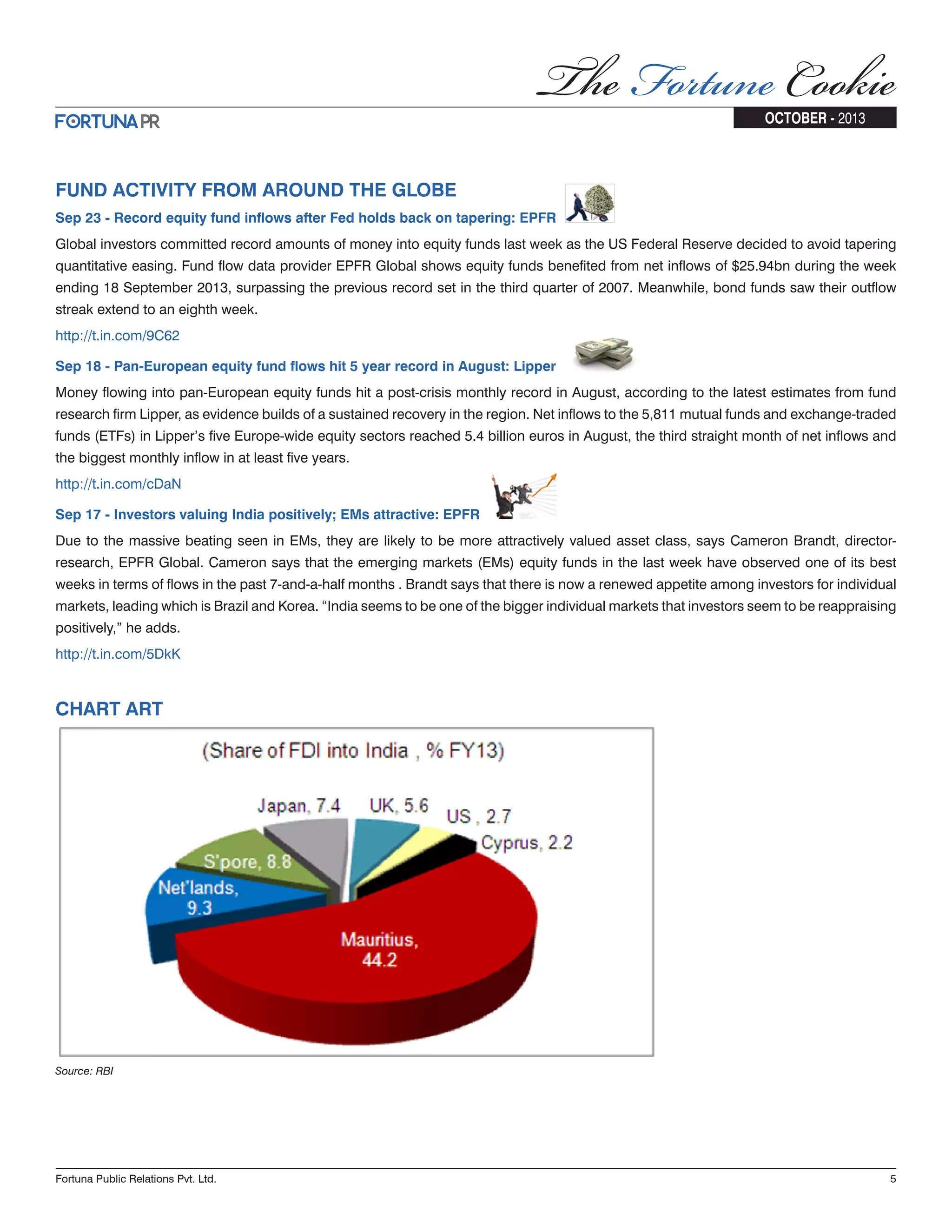 FUND ACTIVITY FROM AROUND THE GLOBE Sep 23 - Record equity fund inflows after Fed holds back on tapering: EPFR Global investors committed record amounts of money into equity funds last week as the US Federal Reserve decided to avoid tapering quantitative easing. Fund flow data provider EPFR Global shows equity funds benefited from net inflows of $25.94bn during the week ending 18 September 2013, surpassing the previous record set in the third quarter of 2007. Meanwhile, bond funds saw their outflow streak extend to an eighth week. http://t.in.com/9C62 Sep 18 - Pan-European equity fund flows hit 5 year record in August: Lipper Money flowing into pan-European equity funds hit a post-crisis monthly record in August, according to the latest estimates from fund research firm Lipper, as evidence builds of a sustained recovery in the region. Net inflows to the 5,811 mutual funds and exchange-traded funds (ETFs) in Lipper’s five Europe-wide equity sectors reached 5.4 billion euros in August, the third straight month of net inflows and the biggest monthly inflow in at least five years. http://t.in.com/cDaN Sep 17 - Investors valuing India positively; EMs attractive: EPFR Due to the massive beating seen in EMs, they are likely to be more attractively valued asset class, says Cameron Brandt, director- research, EPFR Global. Cameron says that the emerging markets (EMs) equity funds in the last week have observed one of its best weeks in terms of flows in the past 7-and-a-half months . Brandt says that there is now a renewed appetite among investors for individual markets, leading which is Brazil and Korea. “India seems to be one of the bigger individual markets that investors seem to be reappraising positively,” he adds. http://t.in.com/5DkK Source: RBI CHART ART Fortuna Public Relations Pvt. Ltd. 5 OCTOBER - 2013 