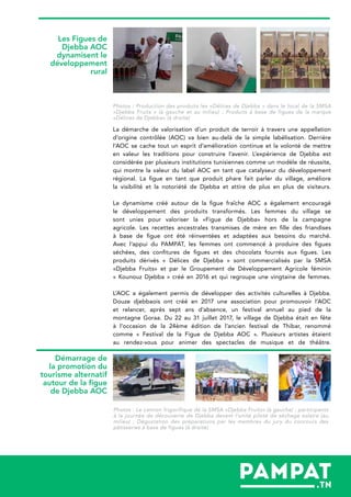 Photos : Production des produits les «Délices de Djebba » dans le local de la SMSA
«Djebba Fruits » (à gauche et au milieu) ; Produits à base de figues de la marque
«Délices de Djebba» (à droite)
La démarche de valorisation d’un produit de terroir à travers une appellation
d’origine contrôlée (AOC) va bien au-delà de la simple labélisation. Derrière
l’AOC se cache tout un esprit d’amélioration continue et la volonté de mettre
en valeur les traditions pour construire l’avenir. L’expérience de Djebba est
considérée par plusieurs institutions tunisiennes comme un modèle de réussite,
qui montre la valeur du label AOC en tant que catalyseur du développement
régional. La figue en tant que produit phare fait parler du village, améliore
la visibilité et la notoriété de Djebba et attire de plus en plus de visiteurs.
Le dynamisme créé autour de la figue fraîche AOC a également encouragé
le développement des produits transformés. Les femmes du village se
sont unies pour valoriser la «Figue de Djebba» hors de la campagne
agricole. Les recettes ancestrales transmises de mère en fille des friandises
à base de figue ont été réinventées et adaptées aux besoins du marché.
Avec l’appui du PAMPAT, les femmes ont commencé à produire des figues
séchées, des confitures de figues et des chocolats fourrés aux figues. Les
produits dérivés « Délices de Djebba » sont commercialisés par la SMSA
«Djebba Fruits» et par le Groupement de Développement Agricole féminin
« Kounouz Djebba » créé en 2016 et qui regroupe une vingtaine de femmes.
L’AOC a également permis de développer des activités culturelles à Djebba.
Douze djebbaois ont créé en 2017 une association pour promouvoir l’AOC
et relancer, après sept ans d’absence, un festival annuel au pied de la
montagne Goraa. Du 22 au 31 juillet 2017, le village de Djebba était en fête
à l’occasion de la 24ème édition de l’ancien festival de Thibar, renommé
comme « Festival de la Figue de Djebba AOC ». Plusieurs artistes étaient
au rendez-vous pour animer des spectacles de musique et de théâtre.
Les Figues de
Djebba AOC
dynamisent le
développement
rural
Démarrage de
la promotion du
tourisme alternatif
autour de la figue
de Djebba AOC
Photos : Le camion frigorifique de la SMSA «Djebba Fruits» (à gauche) ; participants
à la journée de découverte de Djebba devant l’unité pilote de séchage solaire (au
milieu) ; Dégustation des préparations par les membres du jury du concours des
pâtisseries à base de figues (à droite)
 