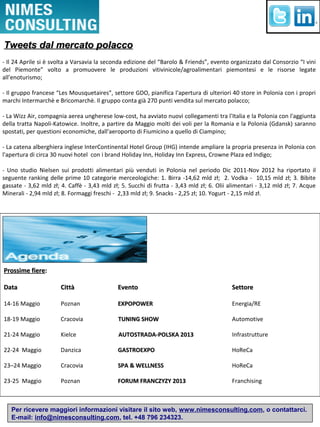 Per ricevere maggiori informazioni visitare il sito web, www.nimesconsulting.com, o contattarci.
E-mail: info@nimesconsulting.com, tel. +48 796 234323.
- Il 24 Aprile si è svolta a Varsavia la seconda edizione del “Barolo & Friends”, evento organizzato dal Consorzio “I vini
del Piemonte” volto a promuovere le produzioni vitivinicole/agroalimentari piemontesi e le risorse legate
all’enoturismo;
- Il gruppo francese “Les Mousquetaires”, settore GDO, pianifica l'apertura di ulteriori 40 store in Polonia con i propri
marchi Intermarchè e Bricomarchè. Il gruppo conta già 270 punti vendita sul mercato polacco;
- La Wizz Air, compagnia aerea ungherese low-cost, ha avviato nuovi collegamenti tra l'Italia e la Polonia con l'aggiunta
della tratta Napoli-Katowice. Inoltre, a partire da Maggio molti dei voli per la Romania e la Polonia (Gdansk) saranno
spostati, per questioni economiche, dall'aeroporto di Fiumicino a quello di Ciampino;
- La catena alberghiera inglese InterContinental Hotel Group (IHG) intende ampliare la propria presenza in Polonia con
l'apertura di circa 30 nuovi hotel con i brand Holiday Inn, Holiday Inn Express, Crowne Plaza ed Indigo;
- Uno studio Nielsen sui prodotti alimentari più venduti in Polonia nel periodo Dic 2011-Nov 2012 ha riportato il
seguente ranking delle prime 10 categorie merceologiche: 1. Birra -14,62 mld zł; 2. Vodka - 10,15 mld zł; 3. Bibite
gassate - 3,62 mld zł; 4. Caffè - 3,43 mld zł; 5. Succhi di frutta - 3,43 mld zł; 6. Olii alimentari - 3,12 mld zł; 7. Acque
Minerali - 2,94 mld zł; 8. Formaggi freschi - 2,33 mld zł; 9. Snacks - 2,25 zł; 10. Yogurt - 2,15 mld zł.
Prossime fiereProssime fiere::
DataData CittàCittà EventoEvento SettoreSettore
14-16 Maggio Poznan EXPOPOWEREXPOPOWER Energia/RE
18-19 Maggio Cracovia TUNING SHOWTUNING SHOW Automotive
21-24 Maggio Kielce AUTOSTRADA-POLSKA 2013AUTOSTRADA-POLSKA 2013 Infrastrutture
22-24 Maggio Danzica GASTROEXPOGASTROEXPO HoReCa
23–24 Maggio Cracovia SPA & WELLNESSSPA & WELLNESS HoReCa
23-25 Maggio Poznan FORUM FRANCZYZY 2013FORUM FRANCZYZY 2013 Franchising
Tweets dal mercato polaccoTweets dal mercato polacco
 