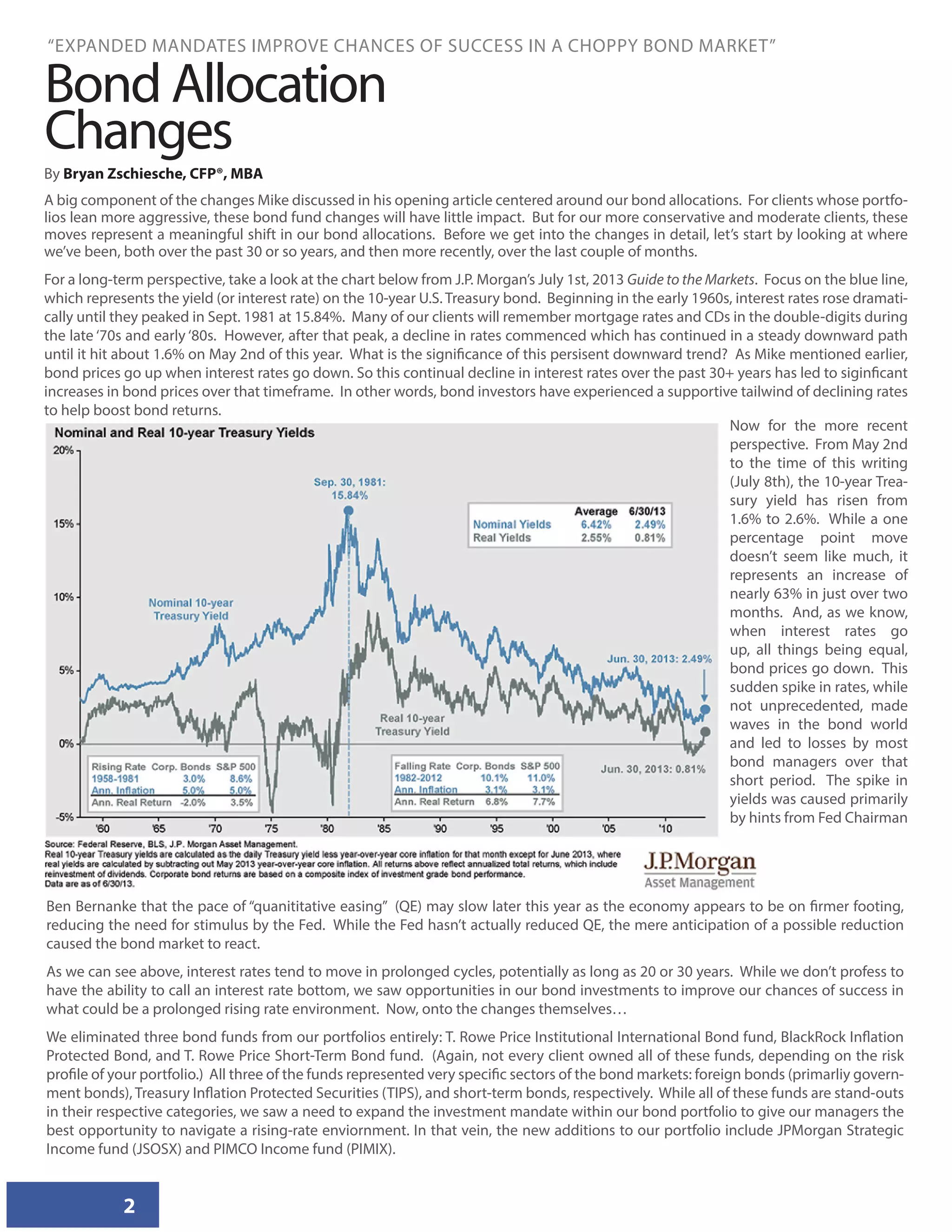 2
“EXPANDED MANDATES IMPROVE CHANCES OF SUCCESS IN A CHOPPY BOND MARKET”
Bond Allocation
Changes
By Bryan Zschiesche, CFP®, MBA
A big component of the changes Mike discussed in his opening article centered around our bond allocations. For clients whose portfo-
lios lean more aggressive, these bond fund changes will have little impact. But for our more conservative and moderate clients, these
moves represent a meaningful shift in our bond allocations. Before we get into the changes in detail, let’s start by looking at where
we’ve been, both over the past 30 or so years, and then more recently, over the last couple of months.
For a long-term perspective, take a look at the chart below from J.P. Morgan’s July 1st, 2013 Guide to the Markets. Focus on the blue line,
which represents the yield (or interest rate) on the 10-year U.S. Treasury bond. Beginning in the early 1960s, interest rates rose dramati-
cally until they peaked in Sept. 1981 at 15.84%. Many of our clients will remember mortgage rates and CDs in the double-digits during
the late ‘70s and early ‘80s. However, after that peak, a decline in rates commenced which has continued in a steady downward path
until it hit about 1.6% on May 2nd of this year. What is the significance of this persisent downward trend? As Mike mentioned earlier,
bond prices go up when interest rates go down. So this continual decline in interest rates over the past 30+ years has led to siginficant
increases in bond prices over that timeframe. In other words, bond investors have experienced a supportive tailwind of declining rates
to help boost bond returns.
Now for the more recent
perspective. From May 2nd
to the time of this writing
(July 8th), the 10-year Trea-
sury yield has risen from
1.6% to 2.6%. While a one
percentage point move
doesn’t seem like much, it
represents an increase of
nearly 63% in just over two
months. And, as we know,
when interest rates go
up, all things being equal,
bond prices go down. This
sudden spike in rates, while
not unprecedented, made
waves in the bond world
and led to losses by most
bond managers over that
short period. The spike in
yields was caused primarily
by hints from Fed Chairman
Ben Bernanke that the pace of “quanititative easing” (QE) may slow later this year as the economy appears to be on firmer footing,
reducing the need for stimulus by the Fed. While the Fed hasn’t actually reduced QE, the mere anticipation of a possible reduction
caused the bond market to react.
As we can see above, interest rates tend to move in prolonged cycles, potentially as long as 20 or 30 years. While we don’t profess to
have the ability to call an interest rate bottom, we saw opportunities in our bond investments to improve our chances of success in
what could be a prolonged rising rate environment. Now, onto the changes themselves…
We eliminated three bond funds from our portfolios entirely: T. Rowe Price Institutional International Bond fund, BlackRock Inflation
Protected Bond, and T. Rowe Price Short-Term Bond fund. (Again, not every client owned all of these funds, depending on the risk
profile of your portfolio.) All three of the funds represented very specific sectors of the bond markets: foreign bonds (primarliy govern-
ment bonds), Treasury Inflation Protected Securities (TIPS), and short-term bonds, respectively. While all of these funds are stand-outs
in their respective categories, we saw a need to expand the investment mandate within our bond portfolio to give our managers the
best opportunity to navigate a rising-rate enviornment. In that vein, the new additions to our portfolio include JPMorgan Strategic
Income fund (JSOSX) and PIMCO Income fund (PIMIX).
 
