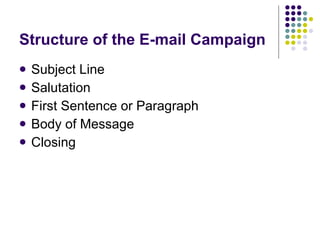 Structure of the E-mail Campaign Subject Line Salutation First Sentence or Paragraph Body of Message Closing 