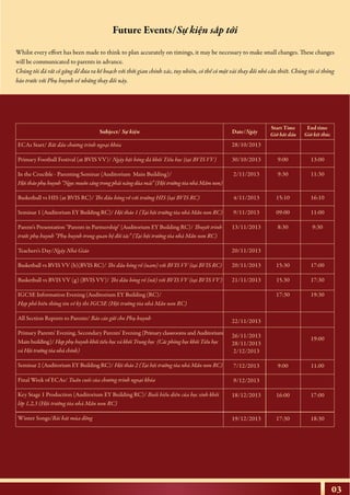 03
Whilst every effort has been made to think to plan accurately on timings, it may be necessary to make small changes. These changes
will be communicated to parents in advance.
Chúng tôi đã rất cố gắng để đưa ra kế hoạch với thời gian chính xác, tuy nhiên, có thể có một vài thay đổi nhỏ cần thiết. Chúng tôi sẽ thông
báo trước với Phụ huynh về những thay đổi này.
Future Events/Sự kiện sắp tới
Date/NgàySubject/ Sự kiện
Start Time
Giờ bắt đầu
ECAs Start/ Bắt đầu chương trình ngoại khóa
Primary Football Festival (at BVIS VV)/ Ngày hội bóng đá khối Tiểu học (tại BVIS VV)
In the Crucible - Parenting Seminar (Auditorium Main Building)/
Hội thảo phụ huynh “Ngọc muốn sáng trong phải năng dũa mài” (Hội trường tòa nhà Mầm non)
Basketball vs HIS (at BVIS RC)/ Thi đấu bóng rổ với trường HIS (tại BVIS RC)
Seminar 1 (Auditorium EY Building RC)/ Hội thảo 1 (Tại hội trường tòa nhà Mần non RC)
Parent’s Presentation "Parents in Partnership" (Auditorium EY Building RC)/ Thuyết trình
trước phụ huynh “Phụ huynh trong quan hệ đối tác” (Tại hội trường tòa nhà Mần non RC)
Teachers's Day/Ngày Nhà Giáo
Basketball vs BVIS VV (b)(BVIS RC)/ Thi đấu bóng rổ (nam) với BVIS VV (tại BVIS RC)
Basketball vs BVIS VV (g) (BVIS VV)/ Thi đấu bóng rổ (nữ) với BVIS VV (tại BVIS VV)
IGCSE Information Evening (Auditorium EY Building (RC)/
Họp phổ biến thông tin về kỳ thi IGCSE (Hội trường tòa nhà Mần non RC)
All Section Reports to Parents/ Báo cáo gửi cho Phụ huynh
Primary Parents' Evening. Secondary Parents' Evening (Primary classrooms and Auditorium
Main building)/ Họp phụ huynh khối tiểu học và khối Trung học (Các phòng học khối Tiểu học
và Hội trường tòa nhà chính)
Seminar 2 (Auditorium EY Building RC)/ Hội thảo 2 (Tại hội trường tòa nhà Mần non RC)
Final Week of ECAs/ Tuần cuối của chương trình ngoại khóa
Key Stage 1 Production (Auditorium EY Building RC)/ Buổi biểu diễn của học sinh khối
lớp 1,2,3 (Hội trường tòa nhà Mần non RC)
Winter Songs/Bài hát mùa đông
28/10/2013
30/10/2013
2/11/2013
4/11/2013
9/11/2013
13/11/2013
20/11/2013
20/11/2013
21/11/2013
22/11/2013
26/11/2013
28/11/2013
2/12/2013
7/12/2013
9/12/2013
18/12/2013
19/12/2013
9:00
9:30
15:10
09:00
8:30
15:30
15.30
17:30
9:00
16:00
17:30
13:00
11:30
16:10
11:00
9:30
17:00
17:30
19:30
19:00
11.00
17:00
18:30
End time
Giờ kết thúc
 