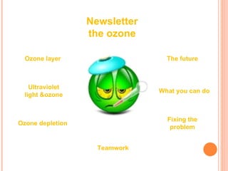 Newsletter
                  the ozone

  Ozone layer                    The future



    Ultraviolet
                               What you can do
  light &ozone


                                 Fixing the
Ozone depletion
                                  problem


                    Teamwork
 