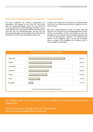 20 | emotion banking Newsletter | Mai 2013
Tipps: Kauf- und Verkaufsempfehlungen für das Jahr 2013
Für heuer empfehlen die Experten insbesondere die
Voestalpine, dicht gefolgt von der OMV AG. Den dritten
Platz der Kaufsempfehlungen sichert sich die Andritz AG
mit etwas Abstand zu den Empfehlungen auf Platz 1 und 2.
Somit befindet sich erstmalig seit 2009 kein Banktitel mehr
unter den Top 3 der Kaufempfehlungen. Die Top 3 bei den
Verkaufsempfehlungen sind die Telekom Austria AG, Convert
Immobilien Invest SE sowie Mayr-Melnhof Karton AG.
Der perfekte Anlagemix
In diesem Jahr fragten wir die Teilnehmer am Bankbarometer
2013 wie für sie prozentual der perfekte Anlagemix aus ihrer
Sicht aussieht.
Mit einem durchschnittlichen Anteil von 26,5% liegt das
Sparbuch mit knapp 9% vor den Anlagemöglichkeiten Aktien
(17,3%) und Immobilien (17,2%). Auch setzten von den 131
Befragten die sich zu diesem Thema außerdem gerade einmal
3 nicht auf das Sparbuch, während 7 der Experten keine
Aktien in ihrem Anlagemix hatten und bei den Immobilien
waren es sogar 23 der Befragten die Immobilien nicht in
ihrem Anlagemix verwendeten.
UmweltDie ideale Zusammensetzung des € Portfolios
Quelle: emotion banking, Zahlen aus dem Bankbarometer 2013
Sie möchten noch mehr Informationen? Dann bestellen Sie jetzt unsere Bankbarometer
Studie 2013.
Mehr Informationen bei Mag. Koloman Theinschnack:
koloman.theinschnack@emotion-banking.at
Sparbuch 26,5 %
Aktien 17,3 %
Immobilien 17,2 %
Anleihen 14,6 %
Fonds 13,9 %
Cash 8,3 %
Sonstige 2,7 %
 