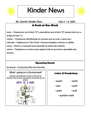Kinder News
           Ms. Carrie’s Kinder Class          July 2 – 6, 2012
                           A Peek at Our Week

lunes – Empezamos con la letra “Q” y aprendimos que la letra “Q” siempre está con su
amiga, la letra “u”.
martes – Practicamos identificando los números que son más y menos de 5.
miércoles – Celebramos el “4th of July”. Creamos banderas e hicimos un desfile.
jueves – Hicimos un proyecto para aprender las partes de la planta.
viernes – Trabajamos en centros para repasar todo los que hemos aprendido esta
semana.



                                     Upcoming Events
20 de julio – Family Day (Día de la Familia)

   What´s going on in Environment!                      Letter Q Vocabulary
    Estamos aprendiendo mucho a cerca de las
plantas! Esta semana aprendimos las partes de una
                     planta.
                                                        - queen           - quick

                                                        - quiz             - quail

                                                        - quiet            - quilt

                                                            - question mark
 