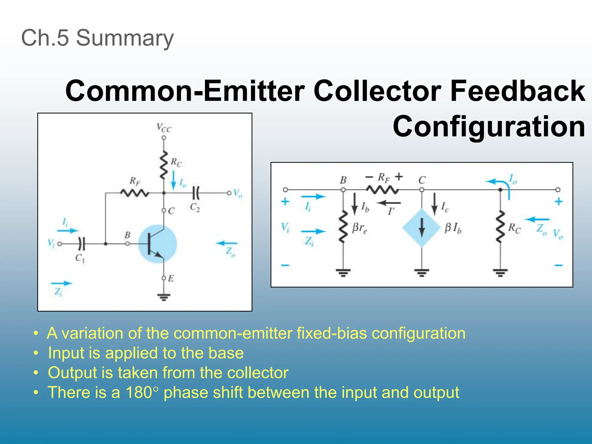 Ch.5 Summary
Common-Emitter Collector Feedback
Configuration
• A variation of the common-emitter fixed-bias configuration
• Input is applied to the base
• Output is taken from the collector
• There is a 180 phase shift between the input and output
 