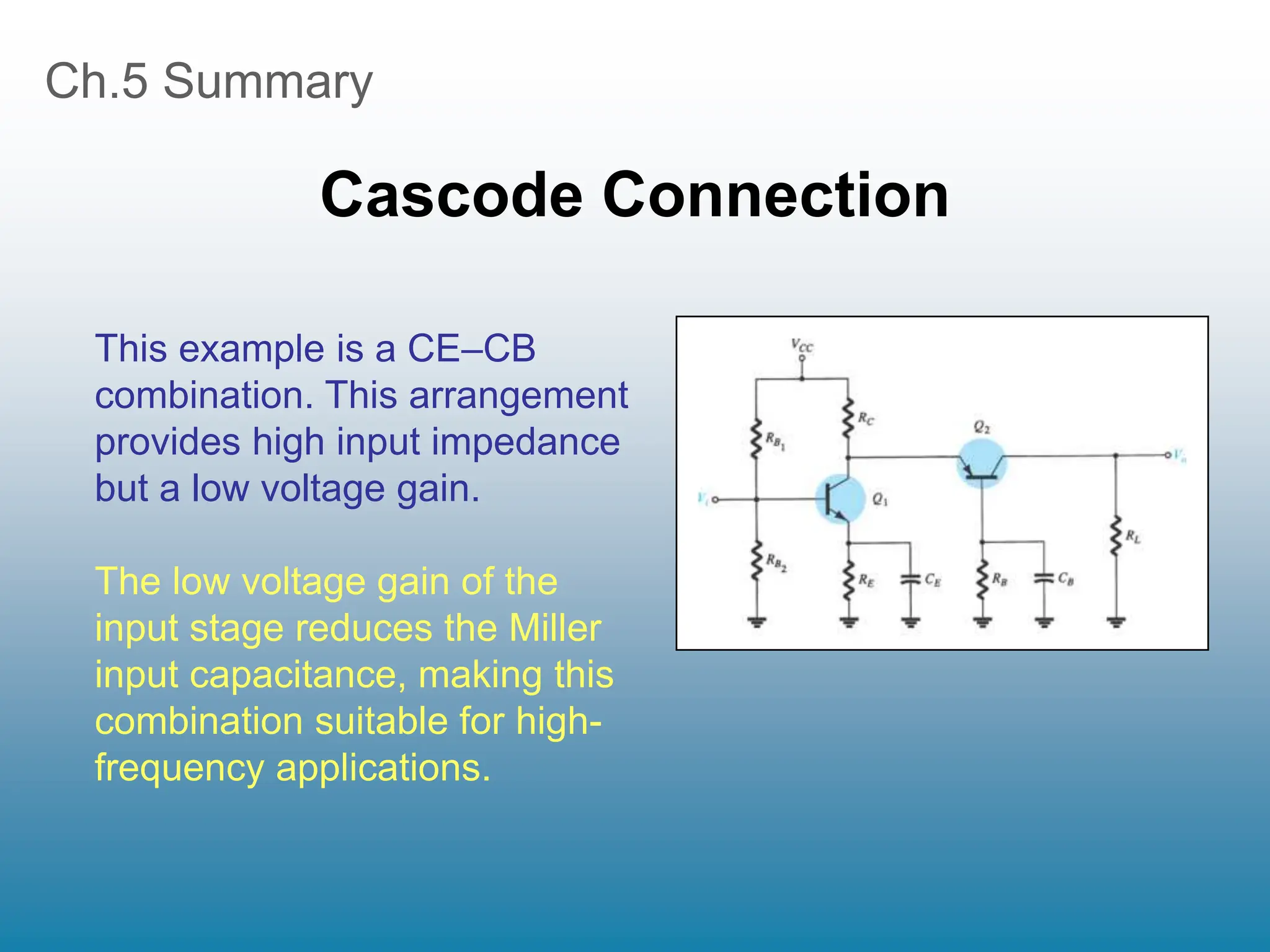 Ch.5 Summary
Cascode Connection
This example is a CE–CB
combination. This arrangement
provides high input impedance
but a low voltage gain.
The low voltage gain of the
input stage reduces the Miller
input capacitance, making this
combination suitable for high-
frequency applications.
 