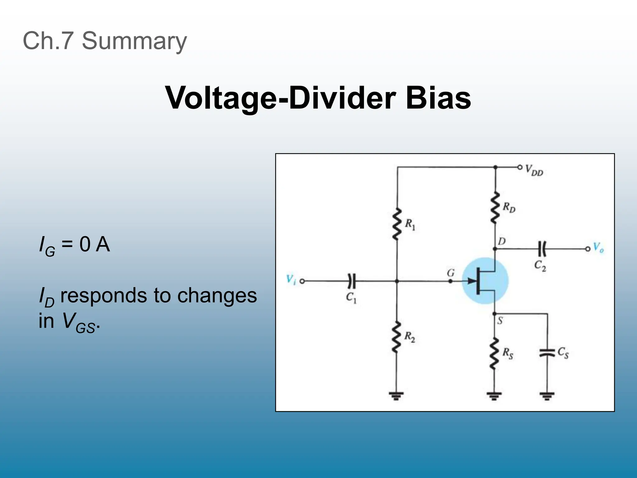 Ch.7 Summary
Voltage-Divider Bias
IG = 0 A
ID responds to changes
in VGS.
 