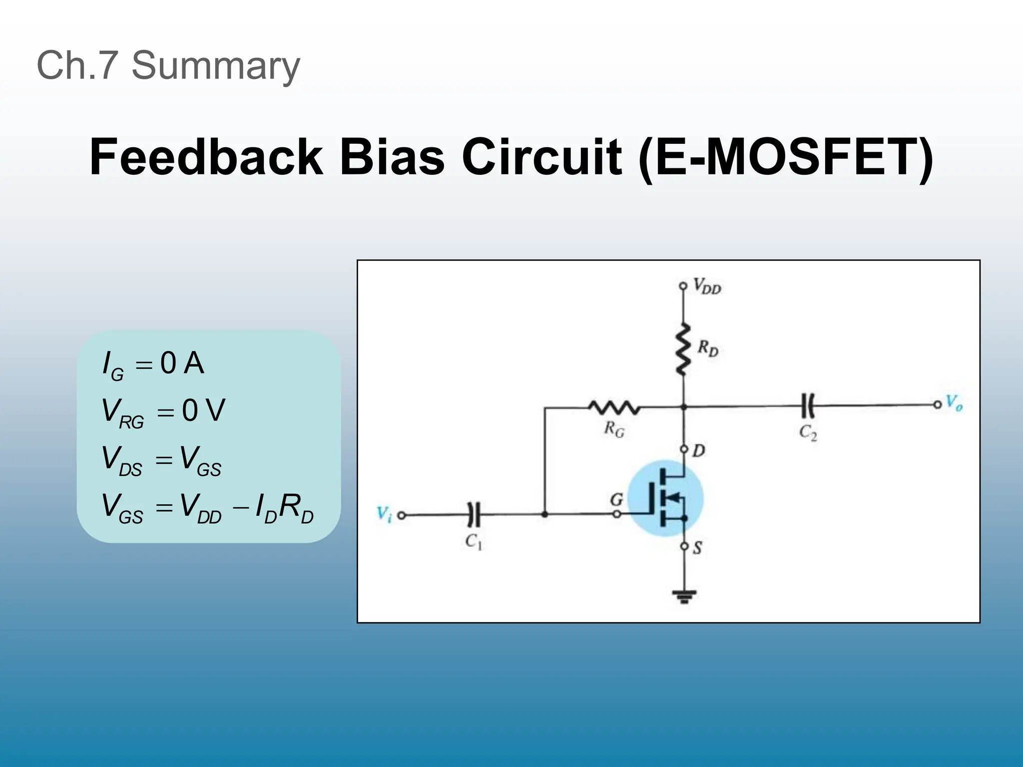 Ch.7 Summary
Feedback Bias Circuit (E-MOSFET)
D
D
DD
GS
GS
DS
RG
G
R
I
V
V
V
V
V
I





V
0
A
0
 