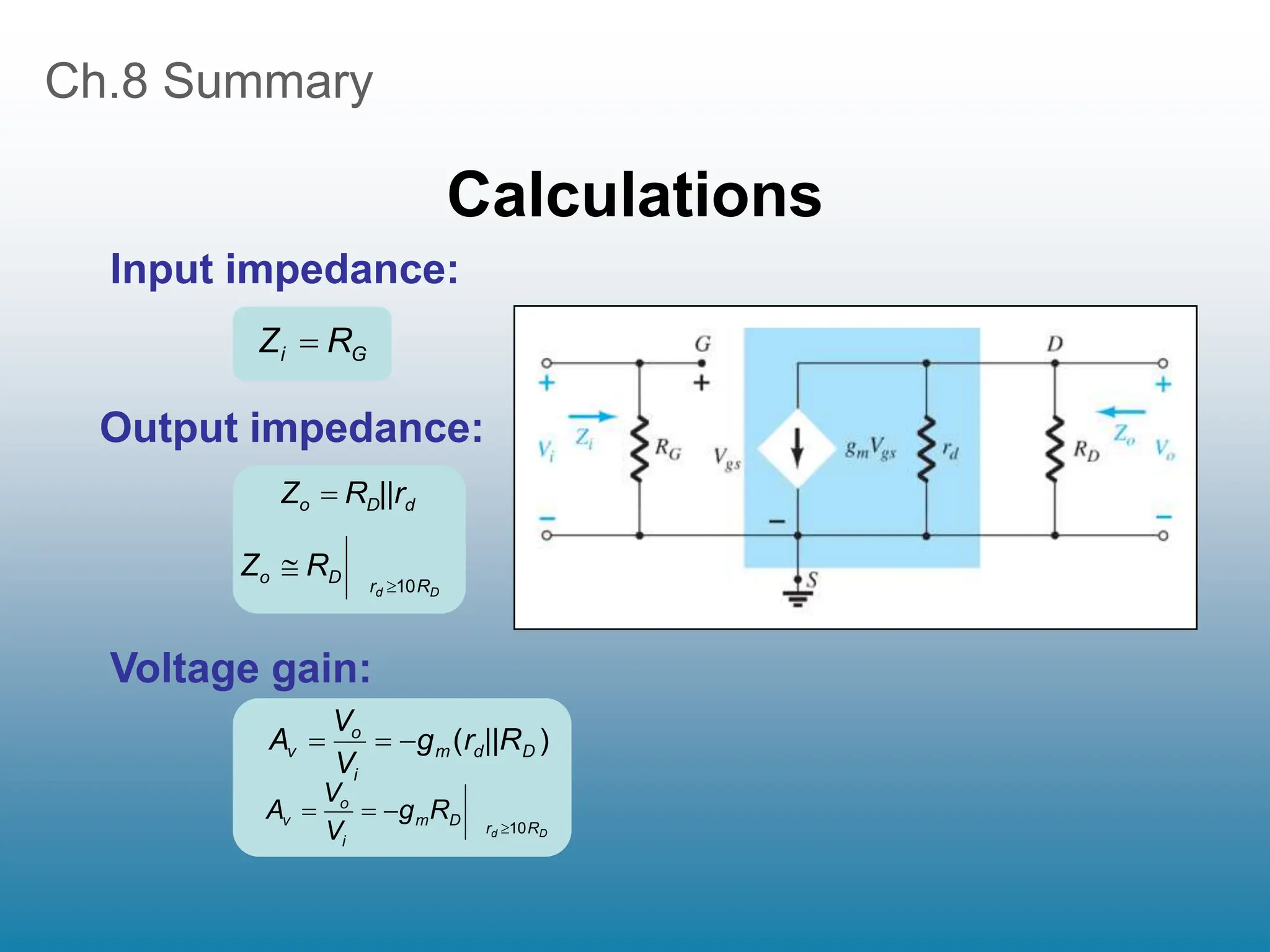 Ch.8 Summary
Calculations
G
i R
Z 
d
D
o ||r
R
Z 
10R
r
D
o
D
d
R
Z


Input impedance:
Output impedance:
)
( D
d
m
i
o
v ||R
r
g
V
V
A 


D
d R
r
D
m
i
o
v R
g
V
V
A
10




Voltage gain:
 