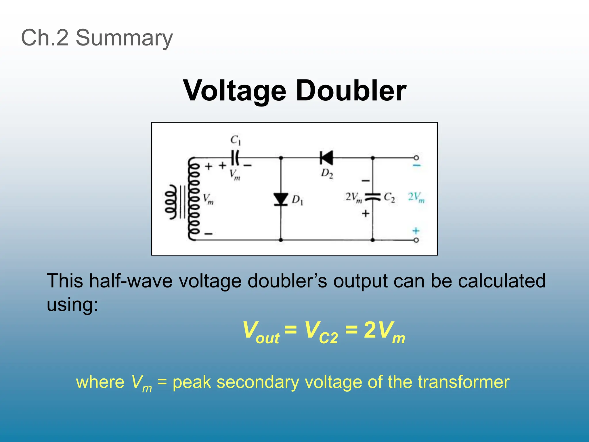 Ch.2 Summary
Voltage Doubler
This half-wave voltage doubler’s output can be calculated
using:
Vout = VC2 = 2Vm
where Vm = peak secondary voltage of the transformer
 