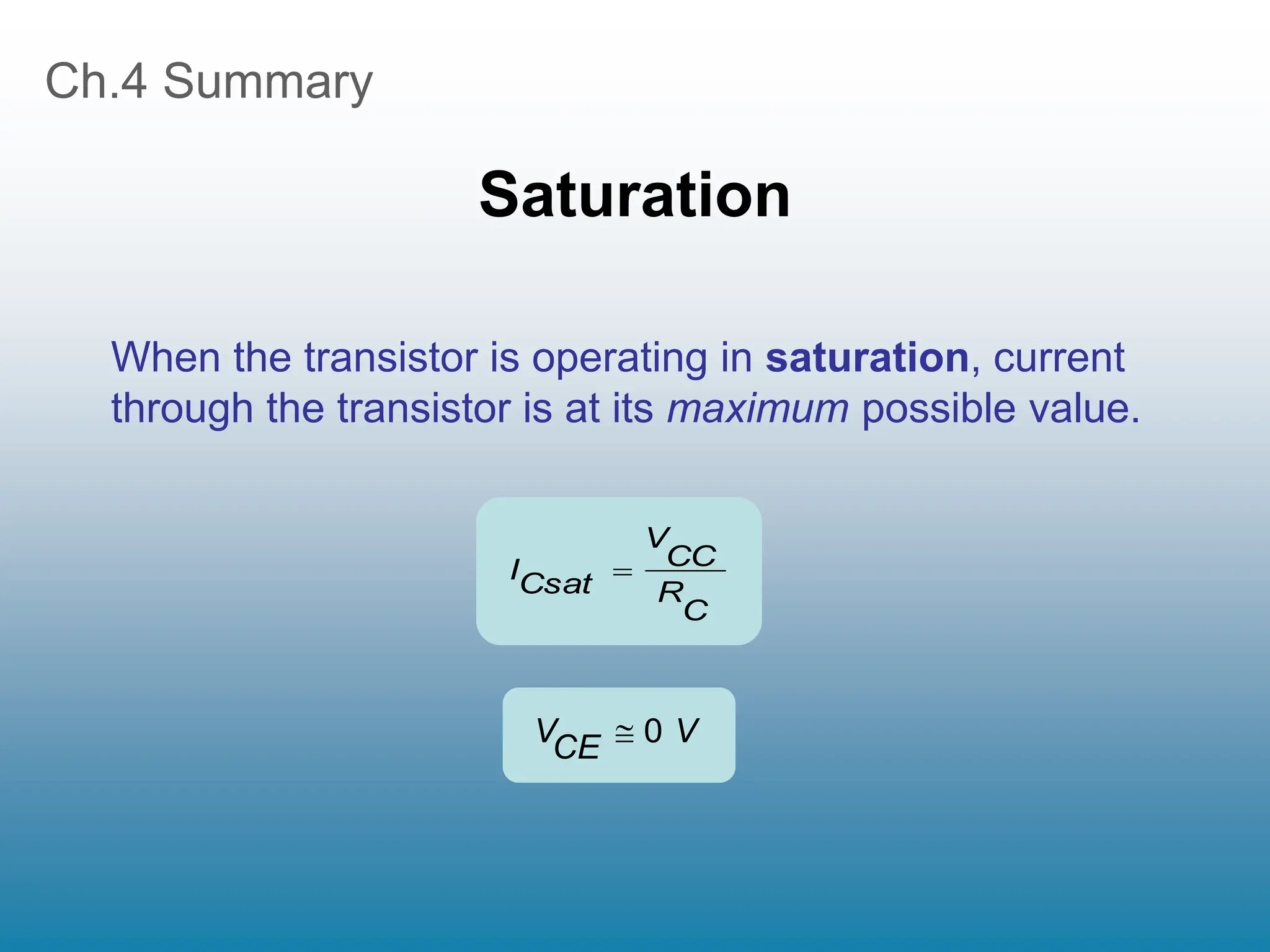 Ch.4 Summary
Saturation
When the transistor is operating in saturation, current
through the transistor is at its maximum possible value.
C
R
CC
V
Csat
I 
V
CE
V 0

 