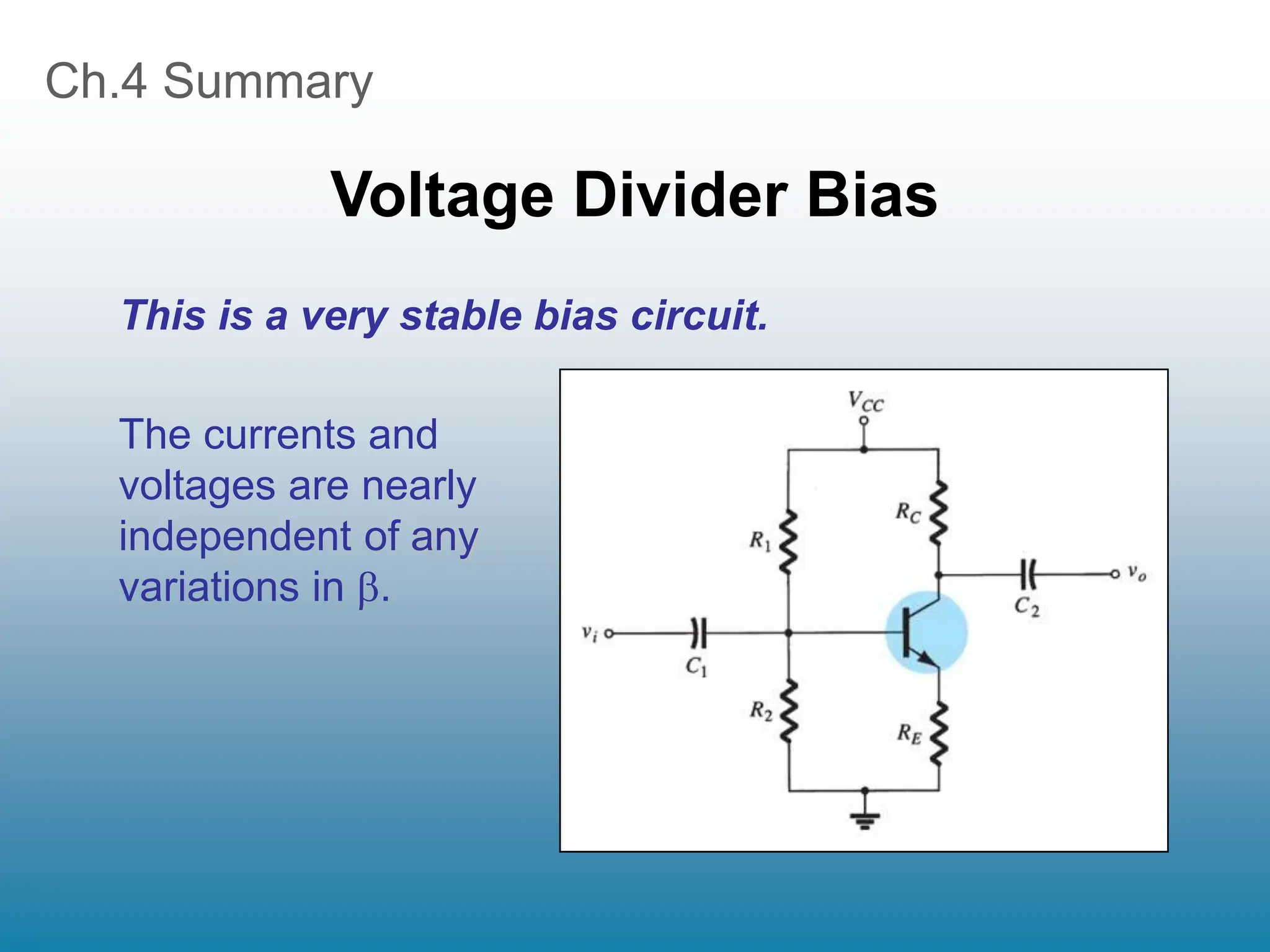 Ch.4 Summary
Voltage Divider Bias
The currents and
voltages are nearly
independent of any
variations in .
This is a very stable bias circuit.
 