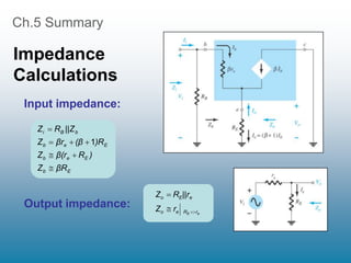 Ch.5 Summary
Impedance
Calculations
Input impedance:
Output impedance:
e
E r
R
e
o
e
E
o
r
Z
||r
R
Z



E
b
E
e
b
E
e
b
b
B
i
βR
Z
)
R
β(r
Z
)R
(β
βr
Z
||Z
R
Z







1
 