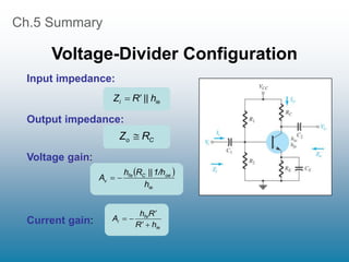 Ch.5 Summary
Voltage-Divider Configuration
ie
fe
i
h
R
R
h
A





ie
i h
||
R
Z 

C
o R
Z 
 
ie
oe
C
fe
v
h
1/h
||
R
h
A 

Input impedance:
Output impedance:
Voltage gain:
Current gain:
 