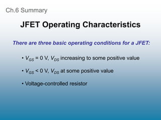 Ch.6 Summary
JFET Operating Characteristics
• VGS = 0 V, VDS increasing to some positive value
• VGS < 0 V, VDS at some positive value
• Voltage-controlled resistor
There are three basic operating conditions for a JFET:
 