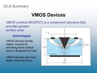 Ch.6 Summary
VMOS Devices
VMOS (vertical MOSFET) is a component structure that
provides greater
surface area.
Advantages
VMOS devices handle
higher currents by
providing more surface
area to dissipate the heat.
VMOS devices also have
faster switching times.
 