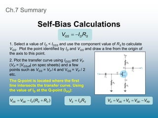 )
( D
S
D
DD
DS R
R
I
V
V 


Ch.7 Summary
Self-Bias Calculations
S
D
S R
I
V 
S
D
GS R
I
V 

2. Plot the transfer curve using IDSS and VP
(VP = |VGSoff| on spec sheets) and a few
points such as VGS = VP / 4 and VGS = VP / 2
etc.
The Q-point is located where the first
line intersects the transfer curve. Using
the value of ID at the Q-point (IDQ):
1. Select a value of ID < IDSS and use the component value of RS to calculate
VGS. Plot the point identified by ID and VGS and draw a line from the origin of
the axis to this point.
RD
DD
S
DS
D V
V
V
V
V 



 