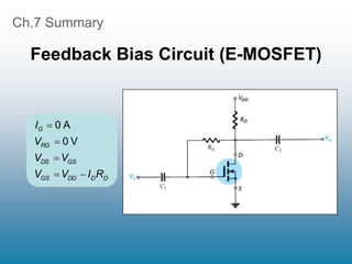 Ch.7 Summary
Feedback Bias Circuit (E-MOSFET)
D
D
DD
GS
GS
DS
RG
G
R
I
V
V
V
V
V
I





V
0
A
0
 