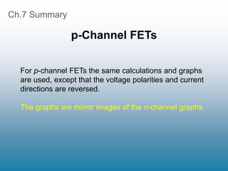 Ch.7 Summary
p-Channel FETs
For p-channel FETs the same calculations and graphs
are used, except that the voltage polarities and current
directions are reversed.
The graphs are mirror images of the n-channel graphs.
 