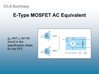 Ch.8 Summary
E-Type MOSFET AC Equivalent
gm and rd can be
found in the
specification sheet
for the FET.
 