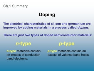 Ch.1 Summary
Doping
The electrical characteristics of silicon and germanium are
improved by adding materials in a process called doping.
There are just two types of doped semiconductor materials:
n-type p-type
n-type materials contain
an excess of conduction
band electrons.
p-type materials contain an
excess of valence band holes.
 