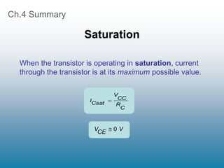 Ch.4 Summary
Saturation
When the transistor is operating in saturation, current
through the transistor is at its maximum possible value.
C
R
CC
V
Csat
I 
V
CE
V 0

 