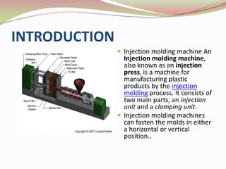 INTRODUCTION
                Injection molding machine An
                 Injection molding machine,
                 also known as an injection
                 press, is a machine for
                 manufacturing plastic
                 products by the injection
                 molding process. It consists of
                 two main parts, an injection
                 unit and a clamping unit.
                Injection molding machines
                 can fasten the molds in either
                 a horizontal or vertical
                 position..
 