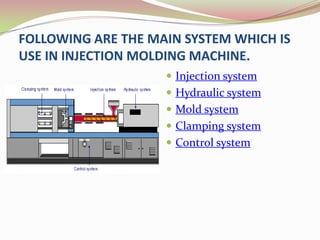 FOLLOWING ARE THE MAIN SYSTEM WHICH IS
USE IN INJECTION MOLDING MACHINE.
                     Injection system
                     Hydraulic system
                     Mold system
                     Clamping system
                     Control system
 