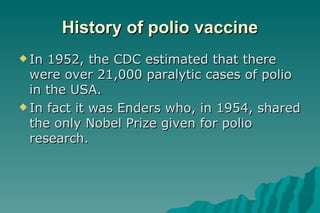 History of polio vaccine In 1952, the CDC estimated that there were over 21,000 paralytic cases of polio in the USA. In fact it was Enders who, in 1954, shared the only Nobel Prize given for polio research. 