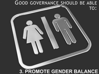 GOOD GOVERNANCE SHOULD BE ABLE
TO:
3. PROMOTE GENDER BALANCE
 