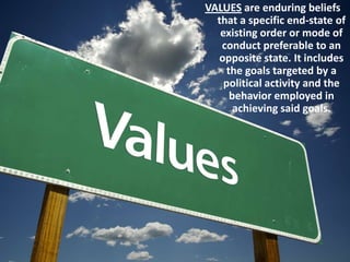 VALUES are enduring beliefs
that a specific end-state of
existing order or mode of
conduct preferable to an
opposite state. It includes
the goals targeted by a
political activity and the
behavior employed in
achieving said goals.
 