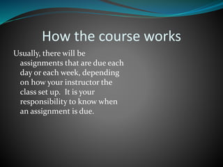 How the course works
Usually, there will be
assignments that are due each
day or each week, depending
on how your instructor the
class set up. It is your
responsibility to know when
an assignment is due.
 