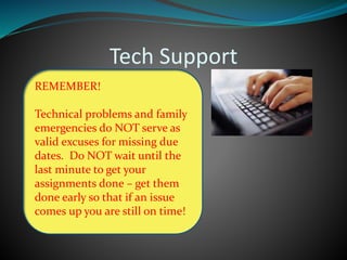 Tech Support
REMEMBER!
Technical problems and family
emergencies do NOT serve as
valid excuses for missing due
dates. Do NOT wait until the
last minute to get your
assignments done – get them
done early so that if an issue
comes up you are still on time!
 