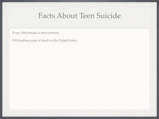 Facts About Teen Suicide

Every 100 minutes a teen commits

11th leading cause of death in the United States
 