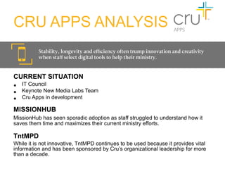 CRU APPS ANALYSIS
          Stability, longevity and eﬃciency often trump innovation and creativity
          when staff select digital tools to help their ministry. 


CURRENT SITUATION
•    IT Council
•    Keynote New Media Labs Team
•    Cru Apps in development

MISSIONHUB
MissionHub has seen sporadic adoption as staff struggled to understand how it
saves them time and maximizes their current ministry efforts.

TntMPD
While it is not innovative, TntMPD continues to be used because it provides vital
information and has been sponsored by Cru’s organizational leadership for more
than a decade.
 