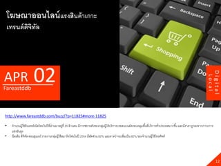 โฆษณาออนไลน์ แรงสินค้ าเกาะ
    เทรนด์ ดจทัล
            ิ ิ




                      02




                                                                                                                                                                              Digital
APR




                                                                                                                                                                      Local
Fareastddb



http://www.fareastddb.com/buzz/?p=11825#more-11825

•    จานวนผู้ใช้ อินเทอร์ เน็ตไทยในปี ที่ผานมาอยูที่ 25 ล้ านคน มีการขยายตัวของกลุมผู้ให้ บริ การบรอดแบนด์ครอบคลุมพื ้นที่บริ การทัวประเทศมากขึ ้น และมีราคาถูกลงจากภาวะการ
                                          ่      ่                                ่                                                ่
     แข่งขันสูง
•    นีลเส็น ดิจิทล คอนซูเมอร์ รายงานกลุมผู้ใช้ สมาร์ ทโฟนในปี 2554 มีสดส่วน 62% และคาดว่าจะเพิ่มเป็ น 82% ของจานวนผู้ใช้ โทรศัพท์
                  ั                         ่                            ั




                                                                                                                                                                                12
 
