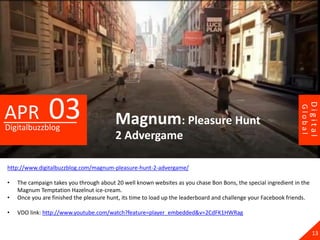03




                                                                                                                          Digital
APR




                                                                                                                 Global
Digitalbuzzblog
                                         Magnum: Pleasure Hunt
                                         2 Advergame

http://www.digitalbuzzblog.com/magnum-pleasure-hunt-2-advergame/

•   The campaign takes you through about 20 well known websites as you chase Bon Bons, the special ingredient in the
    Magnum Temptation Hazelnut ice-cream.
•   Once you are finished the pleasure hunt, its time to load up the leaderboard and challenge your Facebook friends.

•   VDO link: http://www.youtube.com/watch?feature=player_embedded&v=2CdFK1HWRag


                                                                                                                            13
 