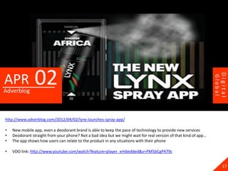 02




                                                                                                                          Digital
APR




                                                                                                                 Global
Adverblog



http://www.adverblog.com/2012/04/02/lynx-launches-spray-app/

•   New mobile app, even a deodorant brand is able to keep the pace of technology to provide new services
•   Deodorant straight from your phone? Not a bad idea but we might wait for real version of that kind of app…
•   The app shows how users can relate to the product in any situations with their phone

•   VDO link: http://www.youtube.com/watch?feature=player_embedded&v=PM5bCgP479c


                                                                                                                            17
 
