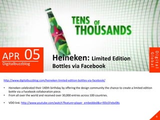 05




                                                                                                                           Digital
APR




                                                                                                                  Global
                                      Heineken: Limited Edition
Digitalbuzzblog
                                      Bottles via Facebook

http://www.digitalbuzzblog.com/heineken-limited-edition-bottles-via-facebook/

•   Heineken celebrated their 140th birthday by offering the design community the chance to create a limited edition
    bottle via a Facebook collaboration piece.
•   From all over the world and received over 30,000 entries across 100 countries.

•   VDO link: http://www.youtube.com/watch?feature=player_embedded&v=9Do5Febv08s



                                                                                                                             4
 