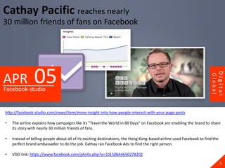 Cathay Pacific reaches nearly
30 million friends of fans on Facebook




                05




                                                                                                                               Digital
APR




                                                                                                                      Global
Facebook-studio


http://facebook-studio.com/news/item/more-insight-into-how-people-interact-with-your-page-posts

•   The airline explains how campaigns like its "Travel the World in 80 Days" on Facebook are enabling the brand to share
    its story with nearly 30 million friends of fans.

•   Instead of telling people about all of its exciting destinations, the Hong Kong-based airline used Facebook to find the
    perfect brand ambassador to do the job. Cathay ran Facebook Ads to find the right person.

•   VDO link: https://www.facebook.com/photo.php?v=10150644650278202

                                                                                                                                 5
 